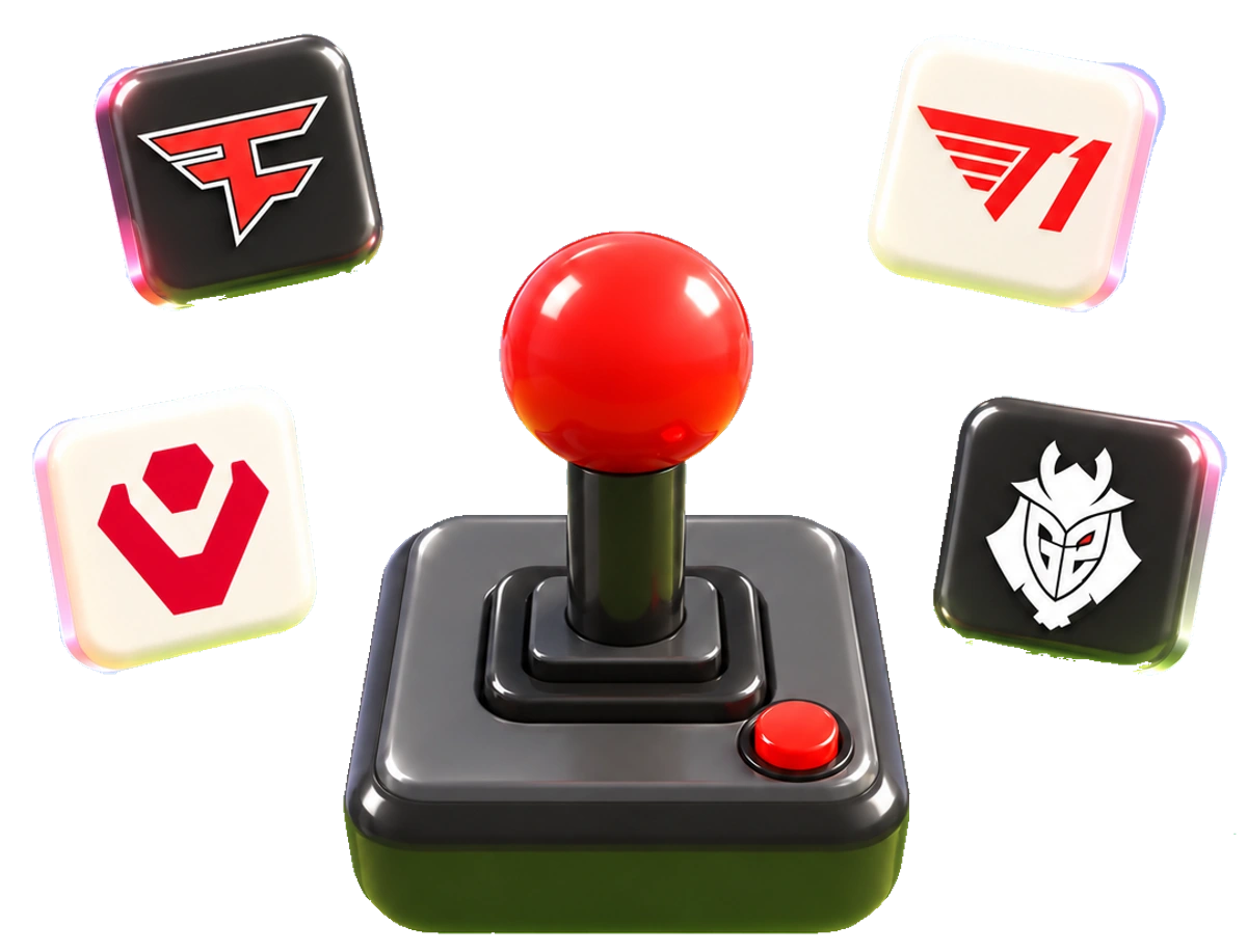 Arcade joystick surrounded by floating esports team tiles
